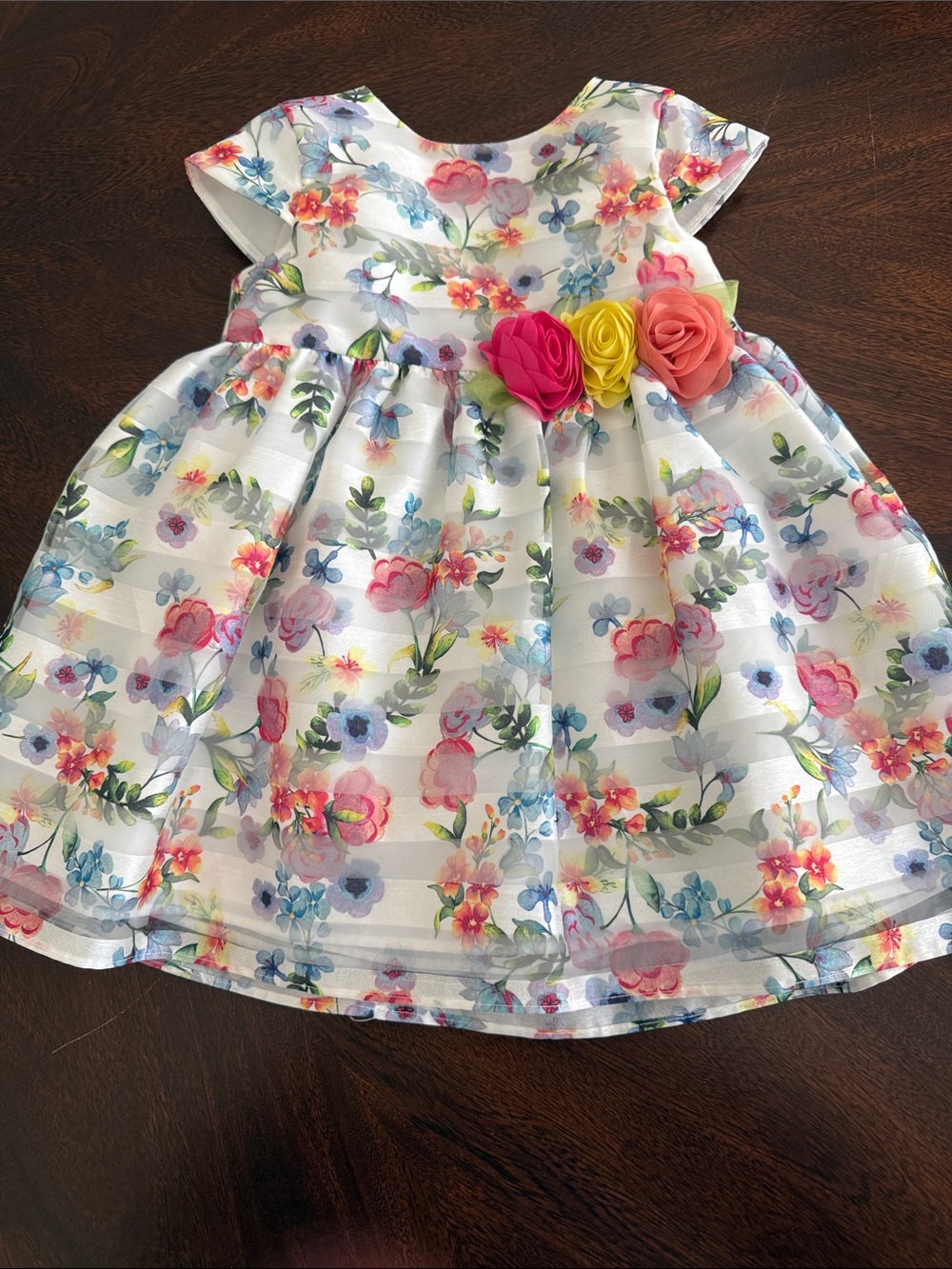 Floral White Girls' Party Dress with Pink & Yellow Rose Accents